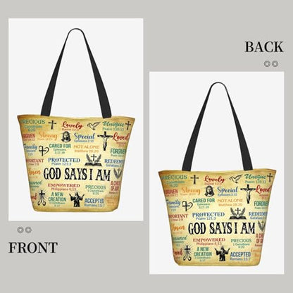 Christian Gifts Reusable Shopping Tote Bag Zippered Inspirational Tote Bags for Women Bible Verse Shoulder Bag - color: God Says I Am
