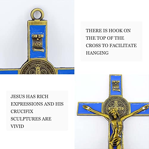 Jesus Crucifix Cross Metal Wall Decor,Saint Benedict Pendant Christian - color: Blue