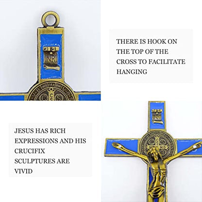 Jesus Crucifix Cross Metal Wall Decor,Saint Benedict Pendant Christian - color: Blue