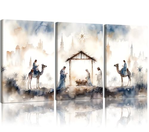 HCJWCXD Religious Wall Art Set of 3 Nativity Scene Canvas Prints 16x24Inch - color: Blue-gray, size: 16x24 Inches