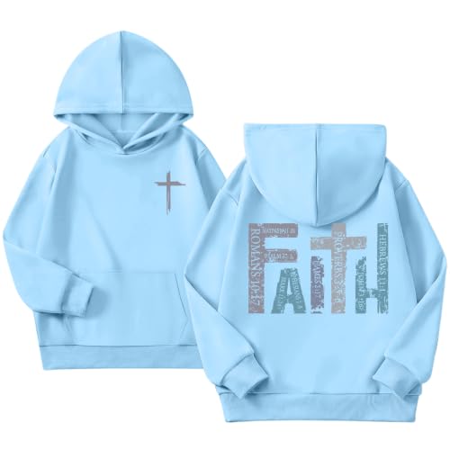 Girls Christian Hoodies Kids Jesus Faith Sweatshirts Cute Religious Graphic Sweater Inspirational God Bible Verse Top - color: Light Blue, size: 9-10 Years
