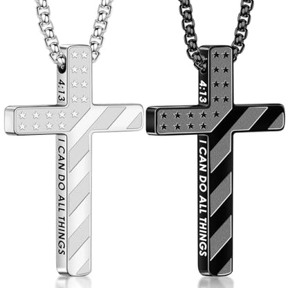 Romass Cross Necklace for Men Boys - 316L Stainless Steel Bible Verse Religious Pendant, Christian Jewelry Gifts for Son Husband, Graduation Gifts, Adjustable 22+2 inch Chain - color: Silver+Black, style: 2Pcs 4:13