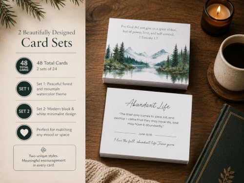 48 Encouraging Scripture Verse Cards with Walnut Wood Stand – 2 Unique Sets: Watercolor Nature & Elegant Black and White – Christian Desktop Bible Verse Affirmations for Daily Inspiration & Gifting