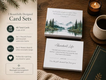 48 Encouraging Scripture Verse Cards with Walnut Wood Stand – 2 Unique Sets: Watercolor Nature & Elegant Black and White – Christian Desktop Bible Verse Affirmations for Daily Inspiration & Gifting