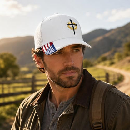 Christian Cross Baseball Cap for Men, American Flag - color: White