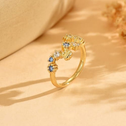 18K Gold Plated Cubic Zirconia Adjustable Open Rings for Women - color: Blue CZ