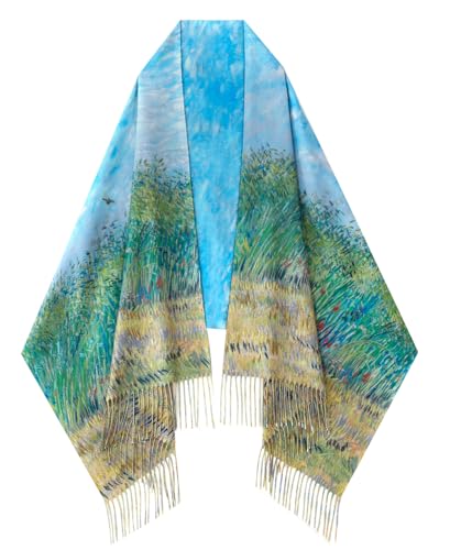 Umjetnost Soft Cashmere Feel Scarf For Women Winter Warm Scarves Large Shawl Wrap Monet Van Gogh Art Print - color: C15 Green&blue