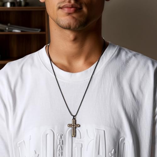 Wooden Cross Necklace for Men With Stainless steel And Black Ebony Adjustable Box Chain 24–26 inches Suitable for Everyday Wear And Christian Gifts for Men - color: Gold-D