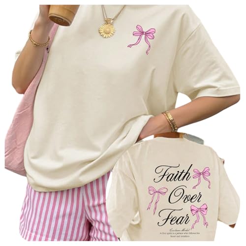SweatyRocks Women's Bow Shirt Oversized Letter Graphic Tees Cute Tops Trendy Bible Verse Religious T Shirts - color: Apricot, size: Small