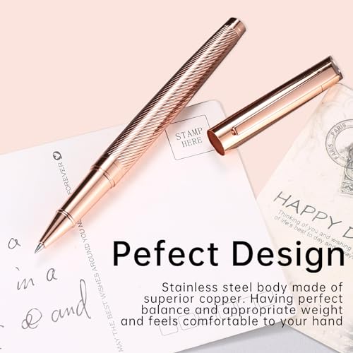 Rollerball Liquid Ink Signature Pens for Women Luxury Box Gel Black Ink Fancy Pen Refillable for Executive Office,Professional,Birthday Nice Gift Penset Rosegold - color: Rose Gold