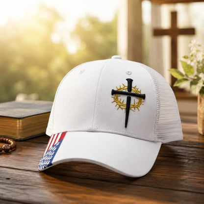 Christian Cross Baseball Cap for Men, American Flag - color: White