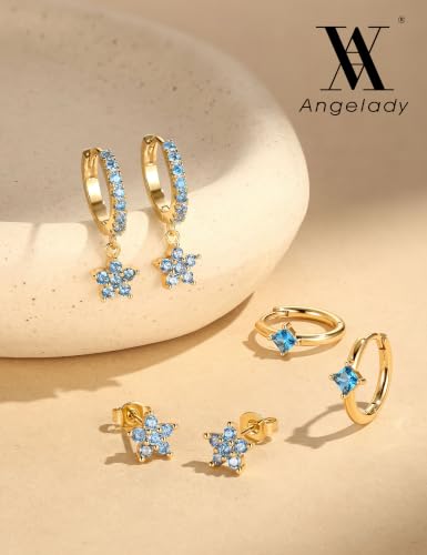Angelady Gold Hoop Earrings Set for Women, Dainty 14K Gold Plated Flower Moon Cross Dangle Earrings, Hypoallergenic Huggie Hoop Earring Stacks, Stud Earrings for Women Trendy Jewelry Gift - color: Gold Blue CZ