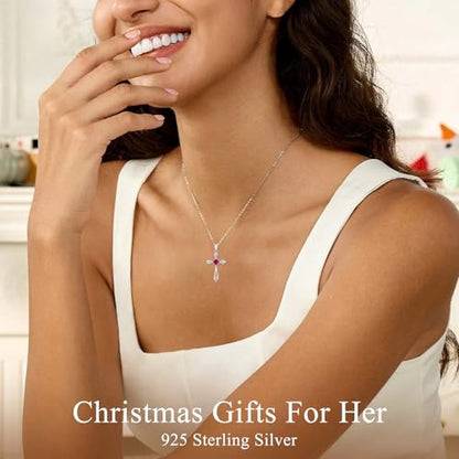 Cross Necklace for Women,925 Sterling Silver Faith Jewerly Gift - color: 07-July-Ruby