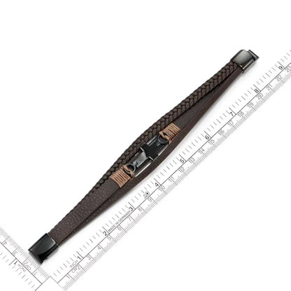 COOLSTEELANDBEYOND Mens Women Steel Horizontal Sideway Lateral Flat Cross Multi-Strand Leather Bangle Bracelet - color: A-Metal Color: Black; Leather Color: Brown