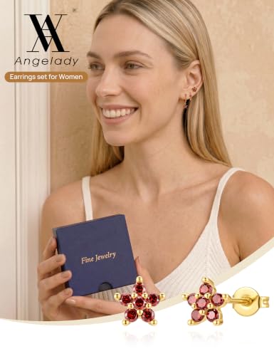 Angelady Gold Hoop Earrings Set for Women, Dainty 14K Gold Plated Flower Moon Cross Dangle Earrings, Hypoallergenic Huggie Hoop Earring Stacks, Stud Earrings for Women Trendy Jewelry Gift - color: Gold Red CZ