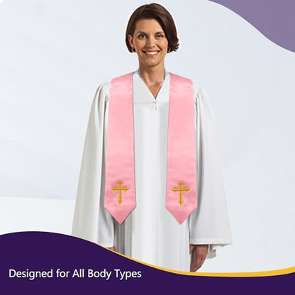 Piecatle Choir Stole with Cross Embroidery for Church, Ideal for Costume,60" - color: Pink