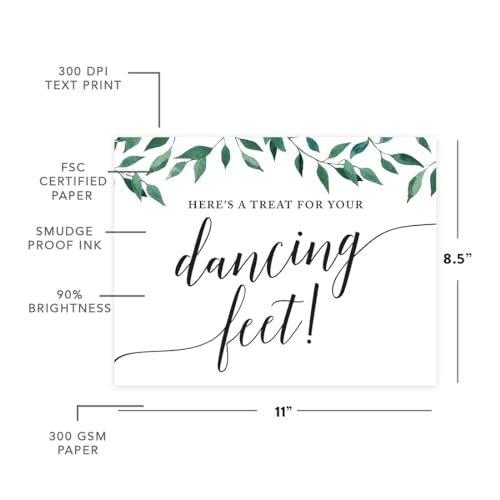 Andaz Press Wedding Party Signs, Natural Greenery Green Leaves, 8.5x11-inch, Here's a Treat for Your Dancing Feet! Flip Flop Sandals High Heels Shoes Dance Floor Reception Sign, 1-Pack - color: Activities Dance Sandals