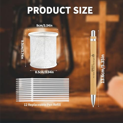 Bible Verse Pens 25 Pcs with 12 Christian Pens & 12 Refills & 1 White Pen Holder Bamboo Retractable Ballpoint Pens Inspirational Quote Pen Religious Gifts for Men Women - color: White