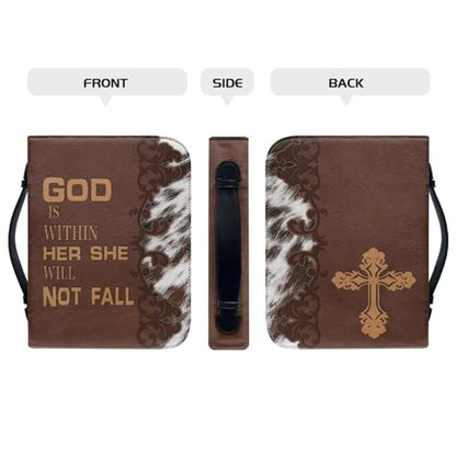 Dellukee Bible Cover Case Brown God is Within Her She Will Not Fall Print Book Cover Leather Bible Case for Women Girls with Handle - color: Brown Leather She Will Not Fall, size: Large-bible size ≤9.2*6*1.6 inch