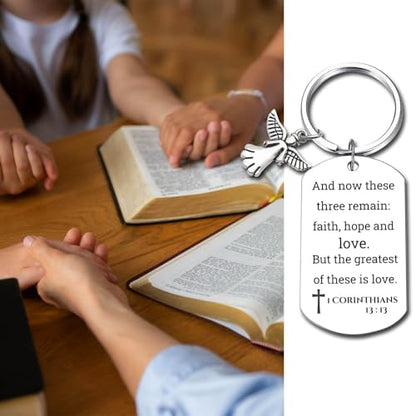 Inspirational Scripture Keychain with Angel Pendant - Bible Verse Key Chain Religious Gift for Christian - style: 1 Corinthians 13:13