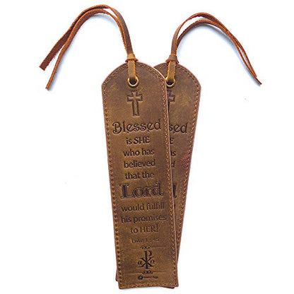 Leather Bible Bookmarks - 2 Leather Christian Bookmarks with Inspirational Bible Verse | Luke 1: 45 Blessed is She | Perfect Religious Book Marker Gifts for Men, Women, Readers and Friends - style: Luke 1:45