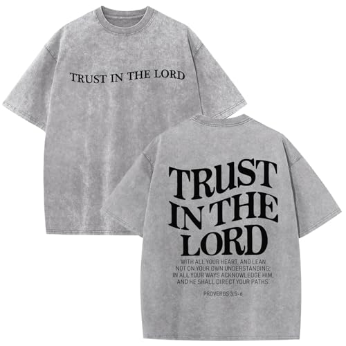 Wrenpies Mens Oversized Christian Shirts God Faith Jesus Religious Tshirts Trust in The Lord Bible Verse Tees Acid Wash Tops - color: Light Gray, size: X-Small