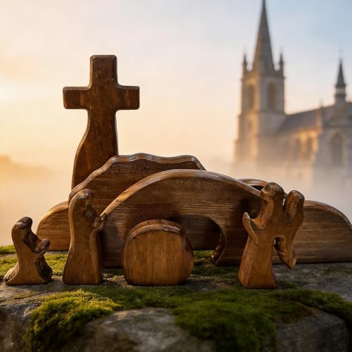 DZX The Empty Tomb Easter Scene and Cross, Wooden Easter Resurrection Scene Cross Jesus Tomb Tray Set, Jesus Nativity Scene Decor for Religious,Christian Gifts,Home Office Tabletop. (A)