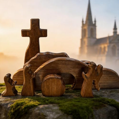 DZX The Empty Tomb Easter Scene and Cross, Wooden Easter Resurrection Scene Cross Jesus Tomb Tray Set, Jesus Nativity Scene Decor for Religious,Christian Gifts,Home Office Tabletop. (A)