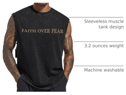 Mens Christian Sleeveless Shirts Faith Over Fear Graphic Tank Tops Gym Workout Acid Wash Tanks Cut Off Muscle Shirt - color: Black, size: Small