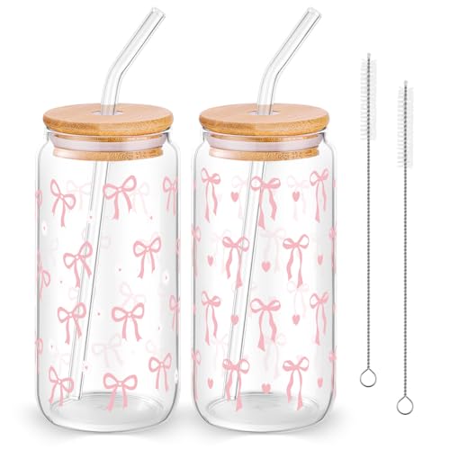2 Pcs Cute Pink Bow Glass Cups with Lid and Straws Preppy Stuff For Girls - style: Pink Bow