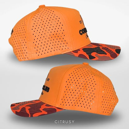 CITRUSY Athletic Trucker Golf Hat | Performance Mens 5 Panel Cap | Cool Breathable Waterproof Workout Running Snapback - color: Country Club | Blaze Orange
