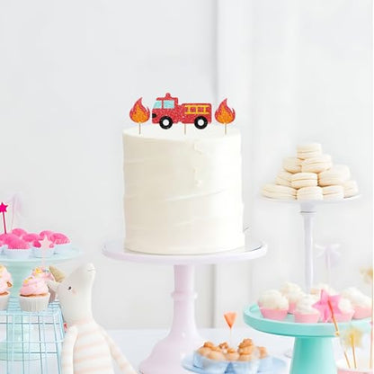 Firetruck Cake Topper, Fire Truck Birthday Cake Decor, Red Glitter Emergency Vehicle Cake Topper for Boy Birthday, Firetruck Themed Baby Shower Party Decoration - style: Firetruck