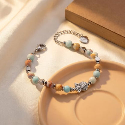 Bracelet for Women Natural Stone Beaded, Stainless Steel Charms, Adjustable - color: 7-Owl