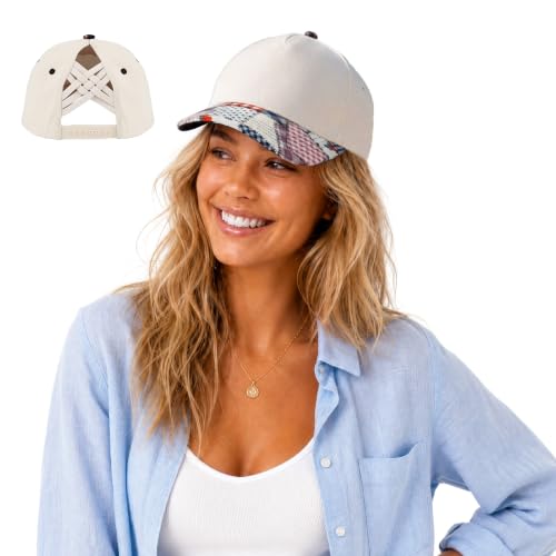 C.C Women's Criss-Cross Ponytail Trucker Hat - Snapback, One Size - color: Patchwork-beige