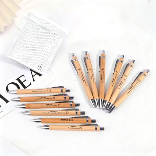 Bible Verse Pens 25 Pcs with 12 Christian Pens & 12 Refills & 1 White Pen Holder Bamboo Retractable Ballpoint Pens Inspirational Quote Pen Religious Gifts for Men Women - color: White