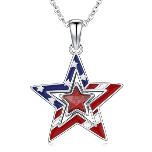 American Flag/Eagle/Star Necklace for Women 925 Sterling Silver Silver/Gold/Black American Flag Pendant 4th of July Jewelry for Wife Sister Girlfriend - color: White-3