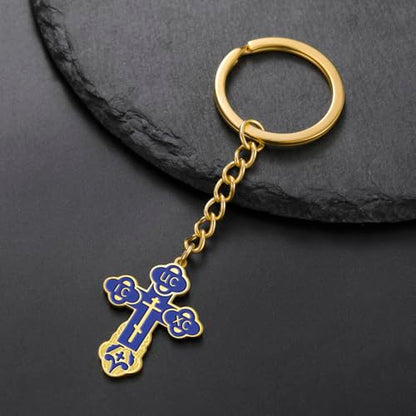 TEAMER Cross Keychain Russian Orthodox Crucifix Eastern Church Keychain Religious Christian Prayer Jewelry for Men Women - color: Blue Gold