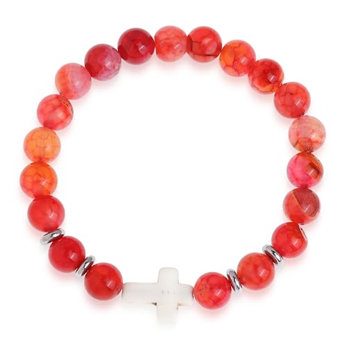 Cross Birthstone Gemstone Beaded Stretch Protection Bracelet for Man Woman, Handmade Healing Stone Chakra Beads Elastic Bracelets Accessories Fashion Jewelry Gift. - color: Red Agate
