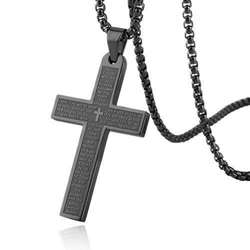 HZMAN Stainless Steel Cross Necklace for Men Women Lord's Prayer Pendant - color: Black