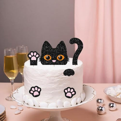Black Cat Cake Topper, Cat Birthday Cake Decor, Black Glitter Kitten Baby Shower Cake Topper for Girl, Pet Themed Birthday/Adoption DayParty Decoration - style: Black Cat