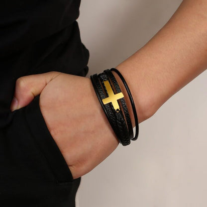 Fahonie Cross Leather Bracelet for Men Women 316L Stainless Steel with 18K Gold Plated Christ Jesus Multi-layer Handmade Christian Bracelet,7.5/8/9 Inches - color: Gold