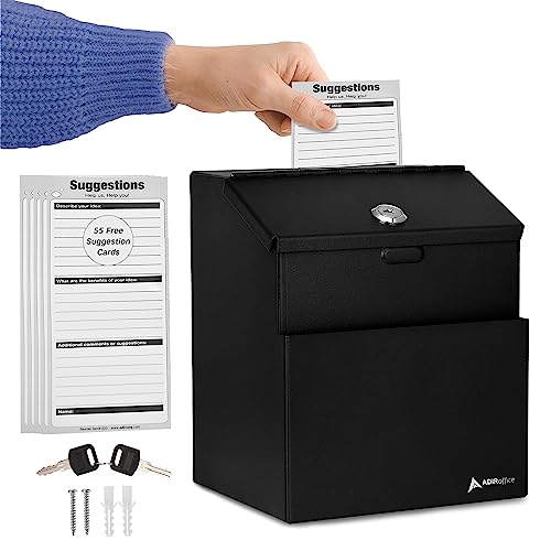 Adir Suggestion Box with Lock - Metal Donation Fundraising Ballot Prayer Box with 55 Free Suggestion Forms Cards & 2 Keys (Wall Mounted - Black) - color: C Black, size: Pack of 1