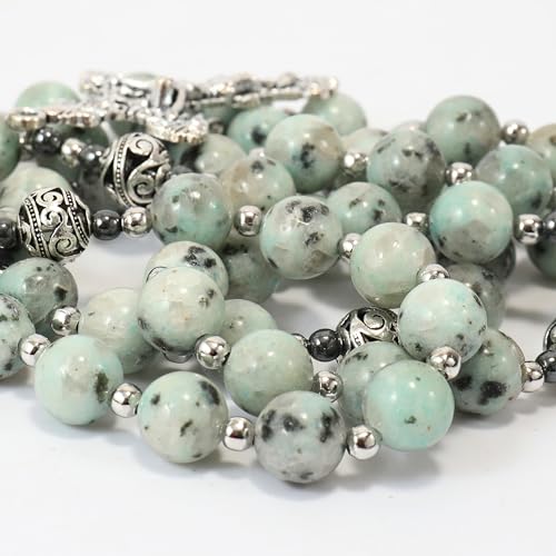 Nazareth Store Genuine Rosary Stone Beads Necklace Metal Beaded Glory Beads Miraculous Medal & Silver Cross Crucifix For Men and Womens - color: Dalmation Jasper
