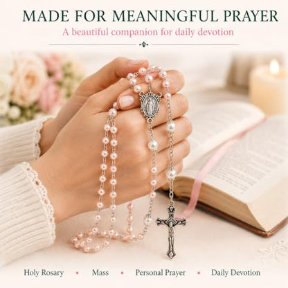 Catholic Pearl Cross Rosary Necklace — Ideal for Baptism, Prayer, Devotion — 6mm Glass Beads & 8mm Our Father Beads w/Caps, Miraculous Jewelry Box – Perfect Religious Gift for Women, Men - color: Pink