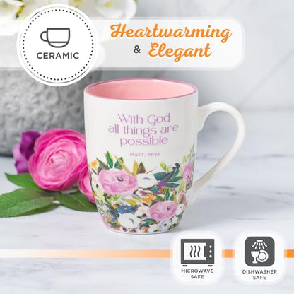 Christian Art Gifts Inspirational Ceramic Coffee & Tea Scripture Mug for Women: All Things are Possible Encouraging Bible Verse, Cute Microwave & Dishwasher Safe Drinkware, White & Pink Floral, 12 oz. - color: White & Pink Floral/All Things are Possible,