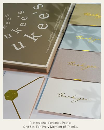 ukee's Thank You Cards, Gold Foil, 32 Cards with Envelopes and Stickers