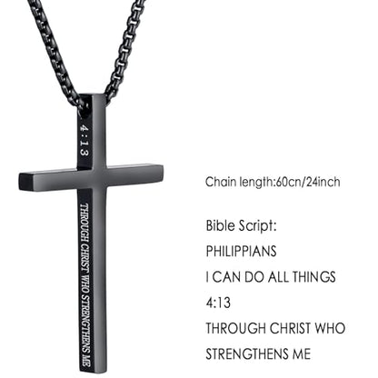 Cross Necklace for Men Christmas Gift Cross Pendant Strength Bible Verse Stainless Steel Necklaces - style: Black cross