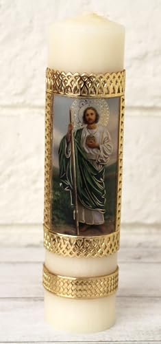 Elegant Gold St Jude Saint Jude Thaddeus Holy Cirio Candle Paschal Communion San Judas Vela Cirio Pascual 8"×2" Candle Baptism Bautizo Easter Lent
