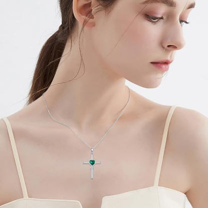 S925 Sterling Silver Cross Necklace for Women Birthstone Necklace Heart Infinity Cross Pendant Necklace Christmas Valentines Day Gifts Birthday Holiday Gifts for Her, 18"+2" Inches - color: 05-May Birthstone - Emerald