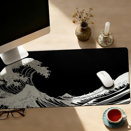Dark Wave Mouse Pad,35.4 x 15.7 Inch Large Mouse Mat Non-Slip Rubber Stitched Edges for Writing Desk,Office,Home,Laptop - color: Dark Wave, size: 35.4L x 15.7W inches
